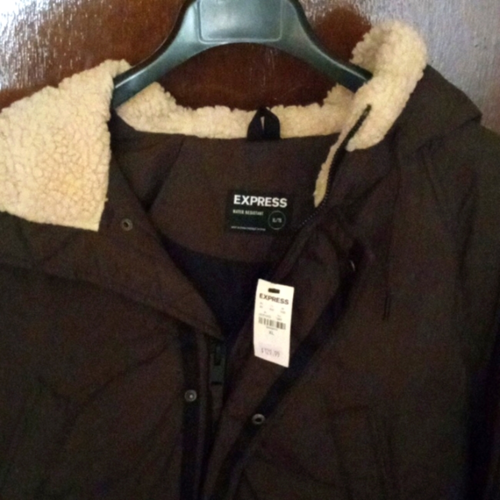New! Express men's winter coat w/faux Shearling lined hood.